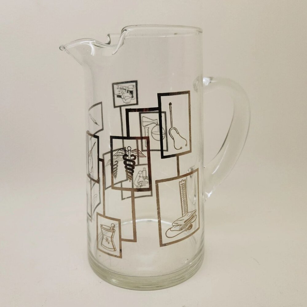MCM Glass Pitcher with Medical Symbols / Silver Overlay with Caduceus, and More